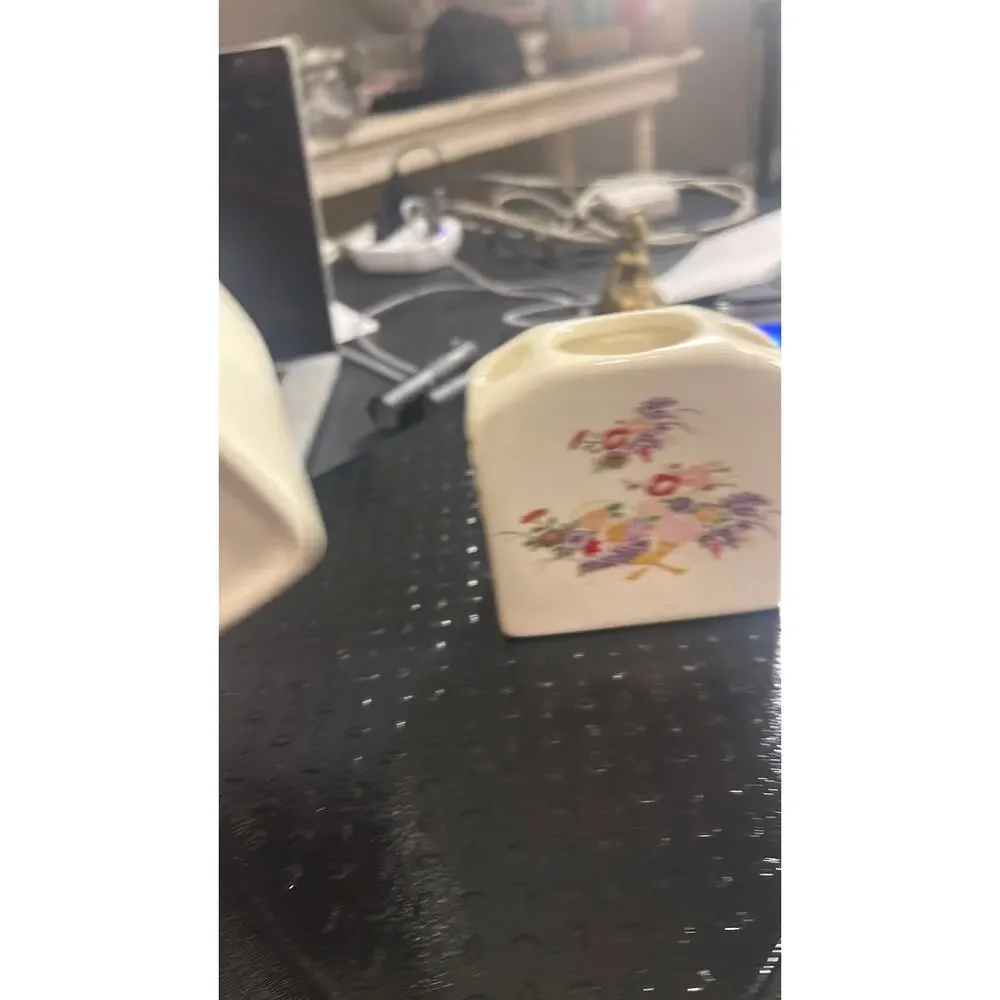 vintage ceramic bath set with  a colorful floral and fan motif - Miyako style